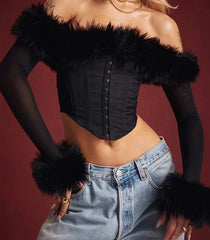 Feather Strapless Black Off-shoulder Sheer Long Sleeve Top