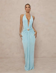 Light blue formal gown with a plunging halter neckline and draped waist.