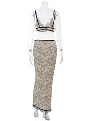 Lace Trim Floral Crop Top and Midi Skirt Set