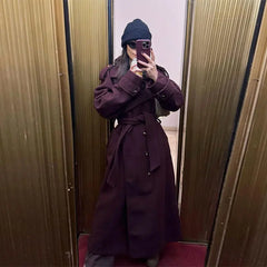 Turn Down Collar Belted Long Sleeve Overcoat