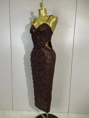 Pearl Beaded Sequins Spaghetti Strap Bodycon Long Dress