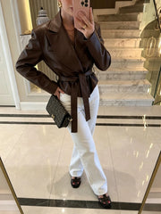 Faux Leather Belted Lapel Jacket