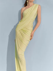 Close-up of one-shoulder draped maxi dress detail