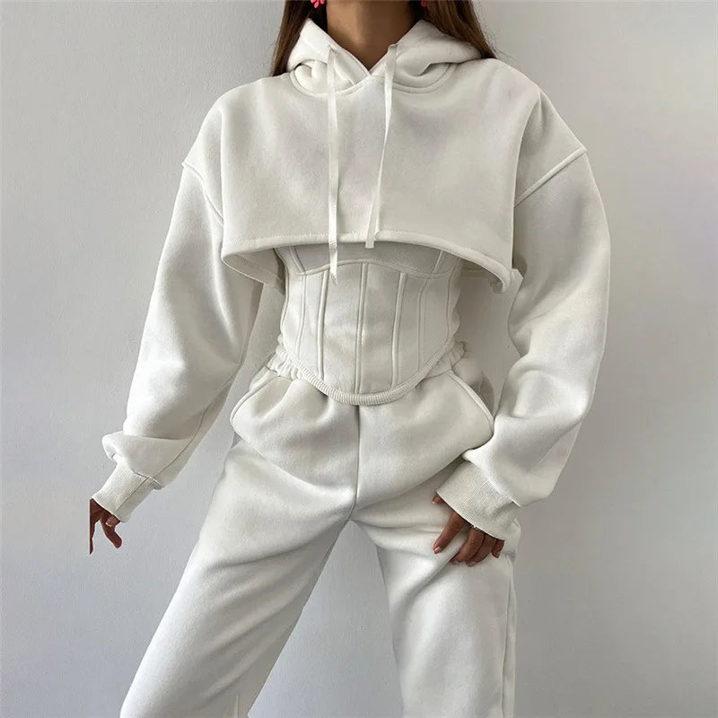 Lace Up Solid Splice Long Sleeve Short Hoodies And Pant Suit 