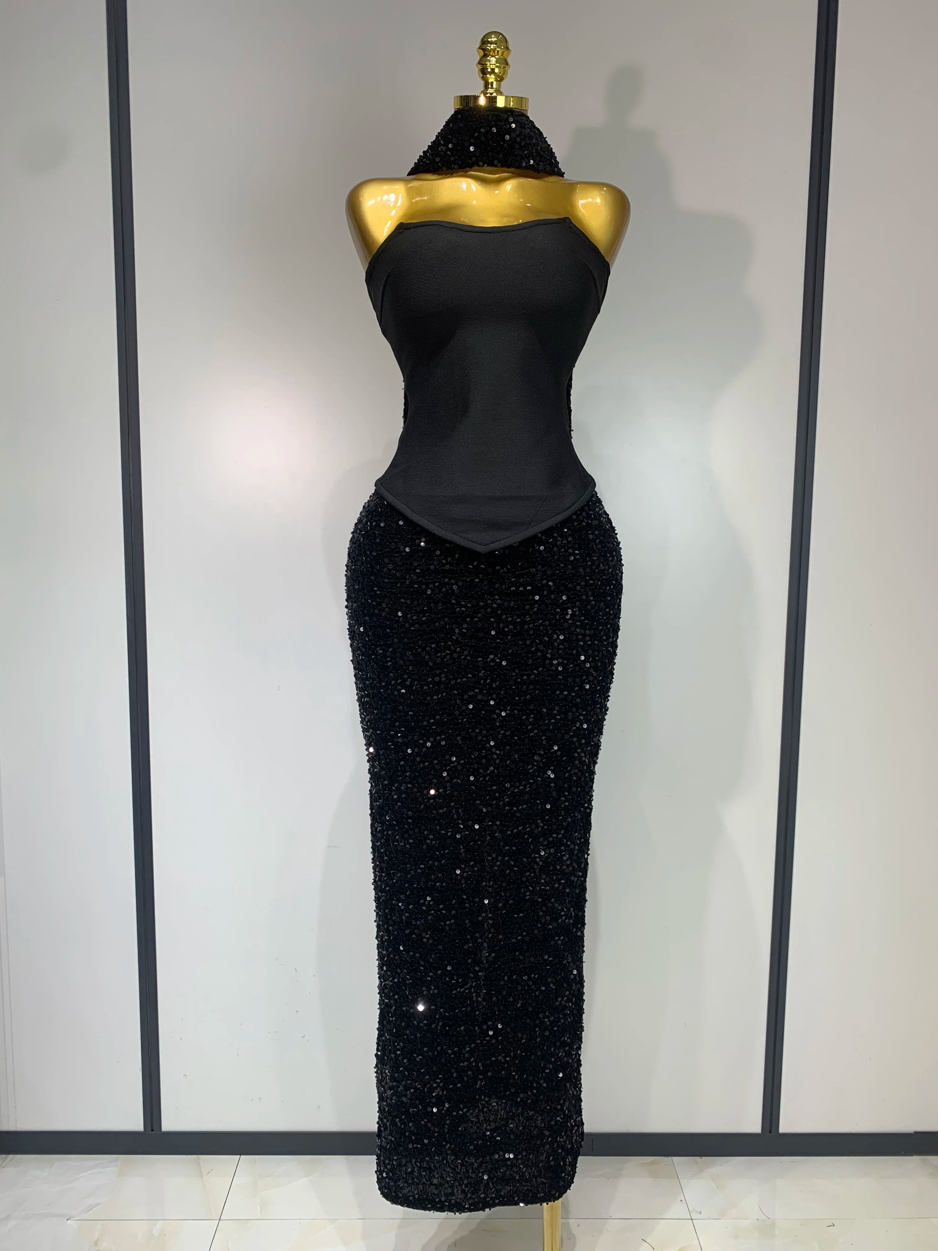 Strapless sequin maxi skirt, tube top & scarf.

