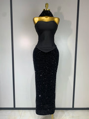 Strapless sequin maxi skirt, tube top & scarf.

