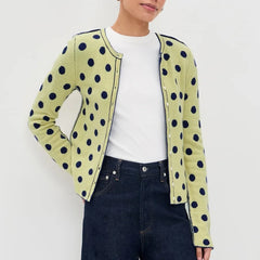 Lime polka dot button front cardigan side view