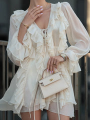 Ruffled Lace Up Long Sleeve Mini Dress
