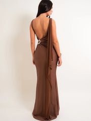 One Shoulder Low Back Draped Buckle Maxi Dress