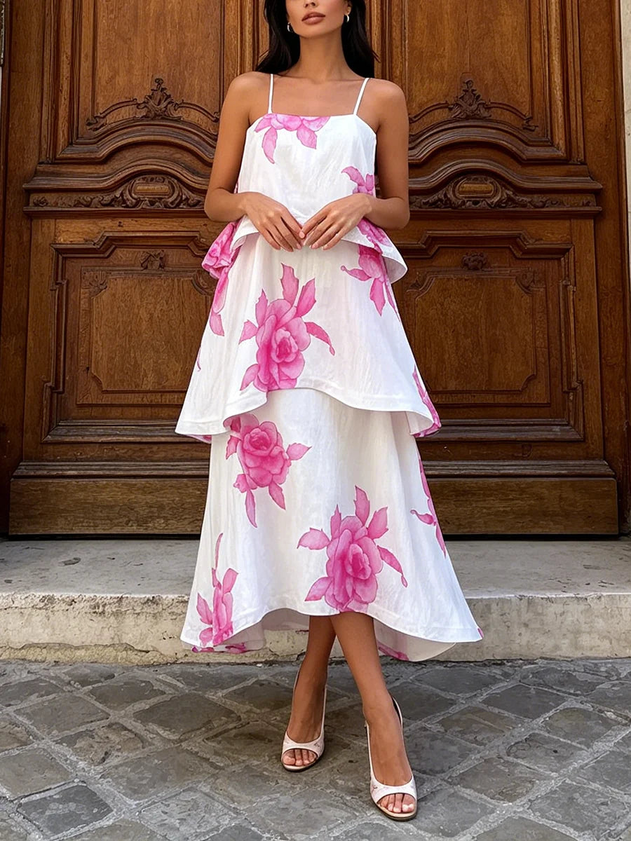 Full length view of a floral print layered midi dress