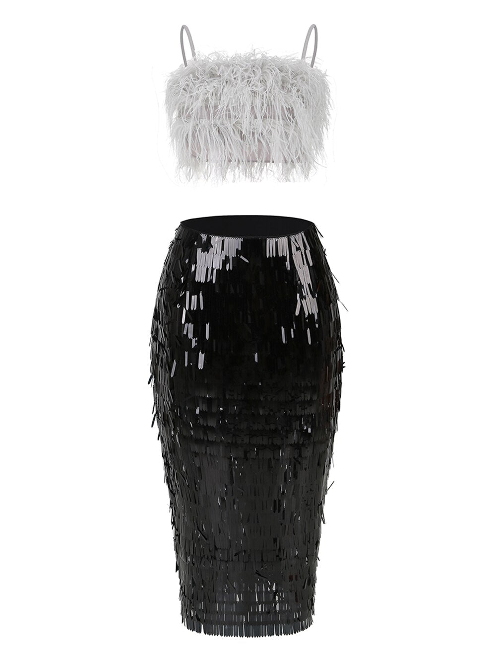Women's Sequin Feather Strapless Off Shoulder Top & Skirt Set