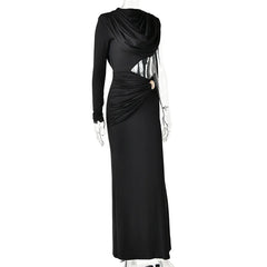 High Neck One Long Sleeve Draped Cutout Waist Maxi Dress