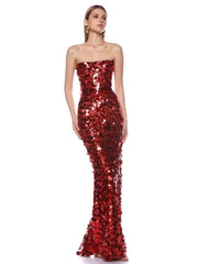 Red sequin strapless gown on a white background