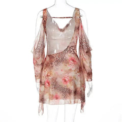 Ruched V-Neck Animal Floral Print Mini Dress