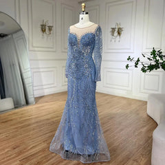 Blue Mermaid Beaded Pearls Evening Dresses Gowns For Women