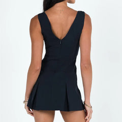 Lace Bow V collar Back Zipper Folds Hem A-line Mini Dress