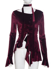 Velvet Asymmetrical Buttoned Ruffle Hem Top
