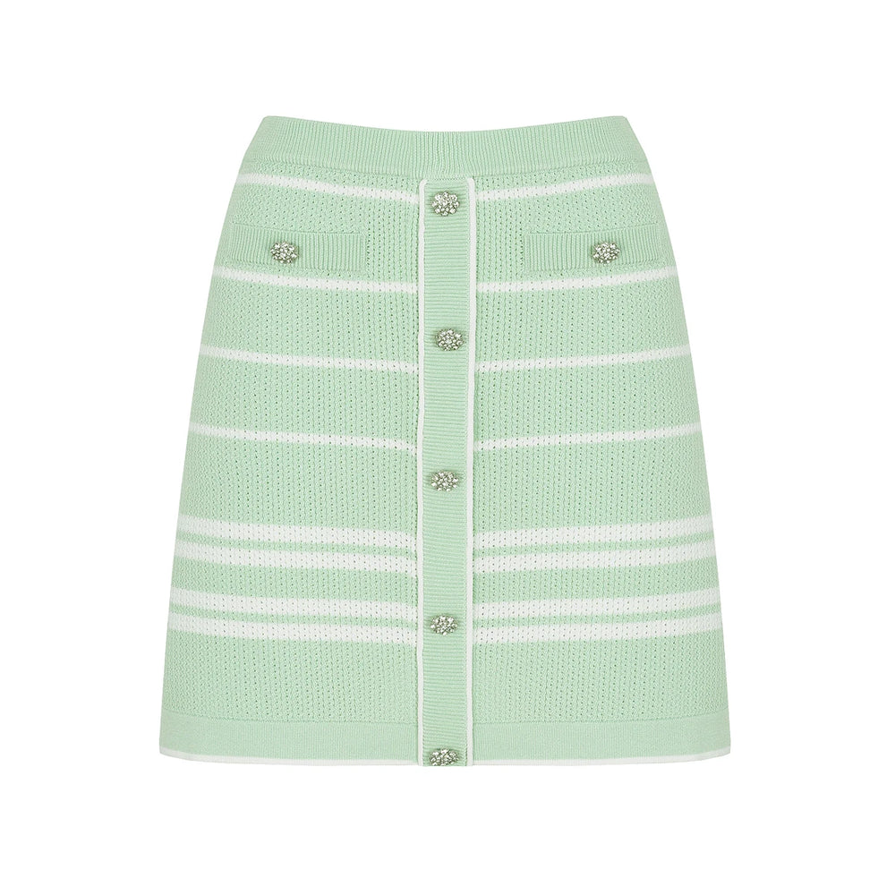 Green striped button-up knit skirt with white trim and embellished buttons.