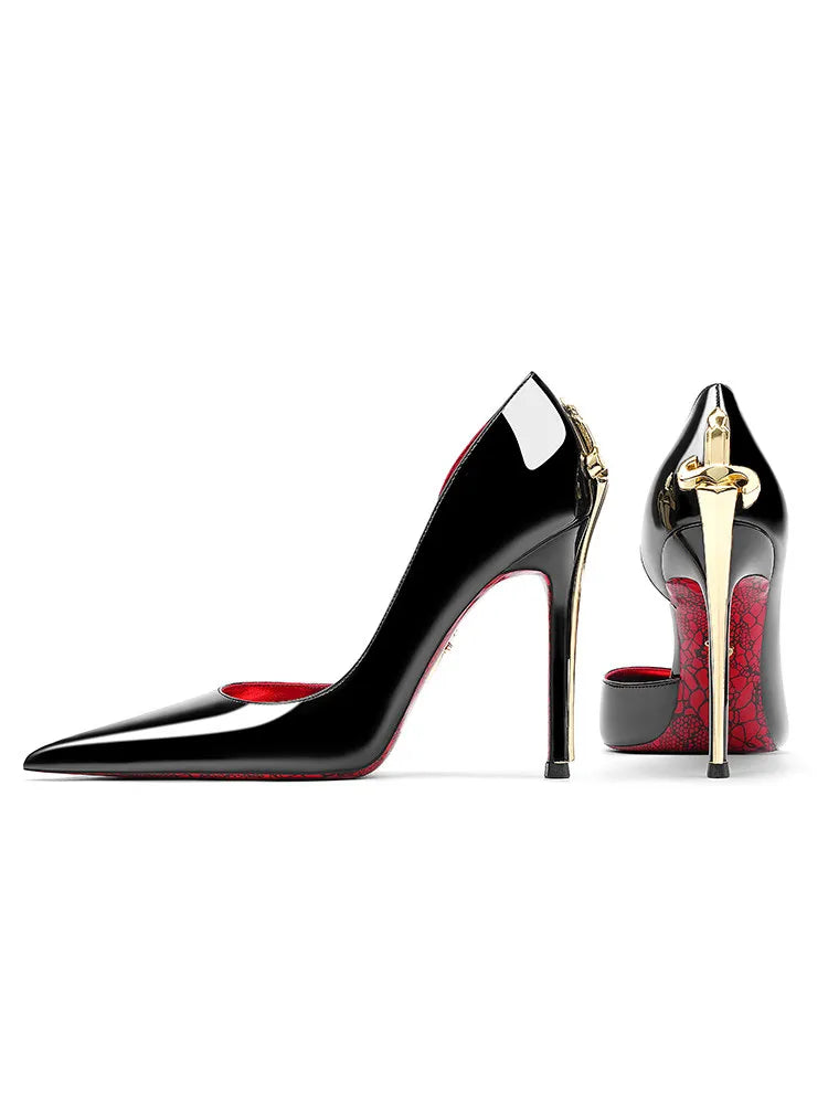 Black high-heeled shoes with red interior on a white background