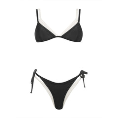 Black and white contrast trim bikini set laid flat