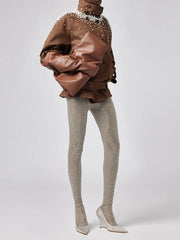 Pearl embellished stand collar jacket full body view