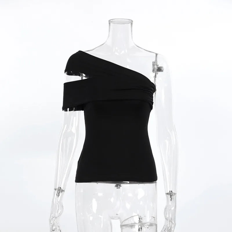 Black one-shoulder top on a transparent mannequin against a white background