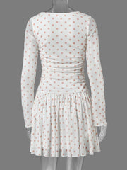 Long Sleeve Polka Dot Ruched Mini Dress