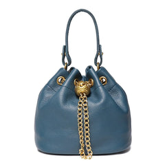 Blue leather drawstring bucket bag