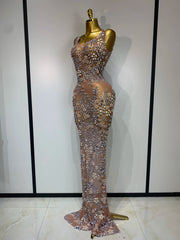 Embellished mesh column dress side view