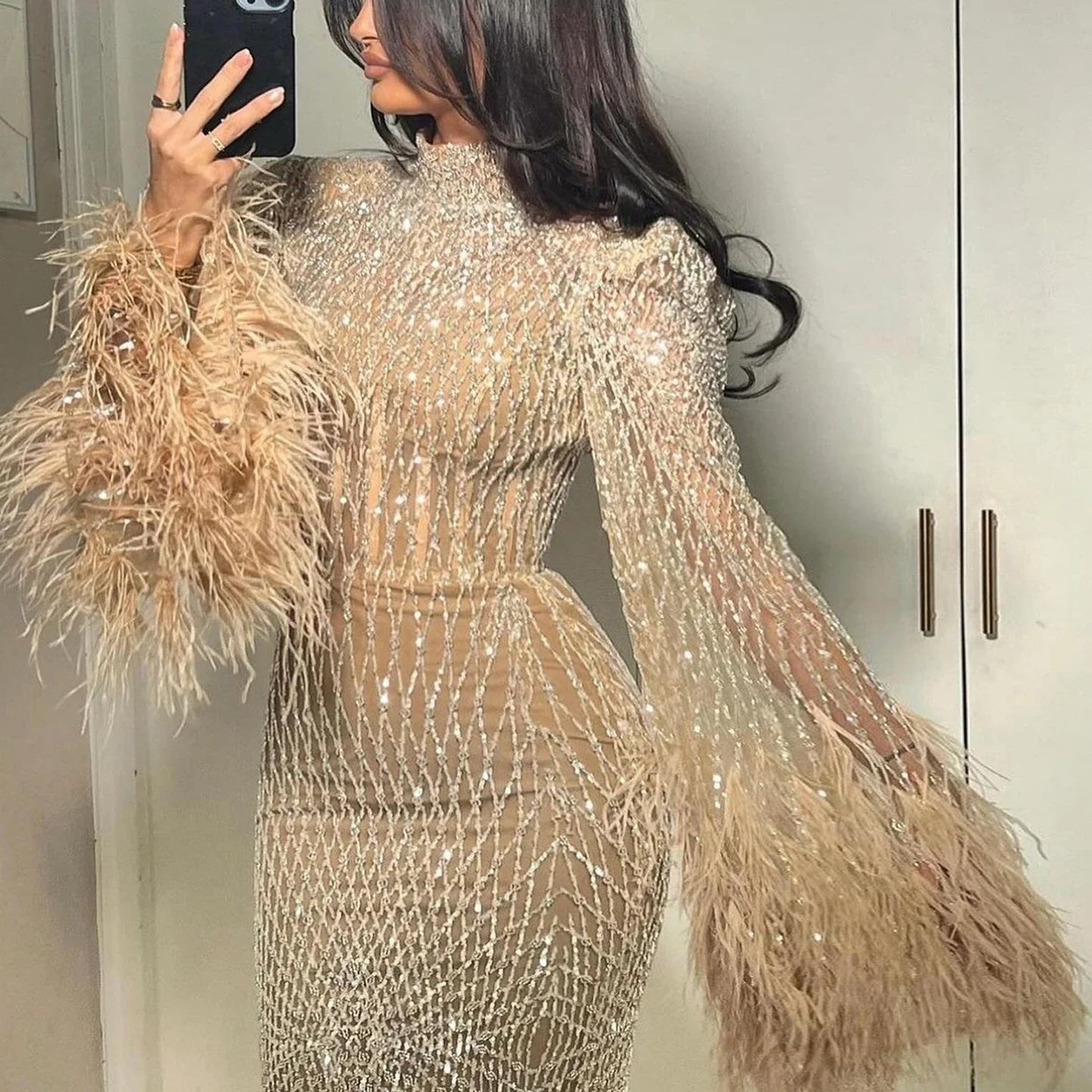 Feathers Nude Evening Dresses Long Sleeves Elegant High Neck Arabic Wedding Formal Party Gowns  Golden Atelier 1