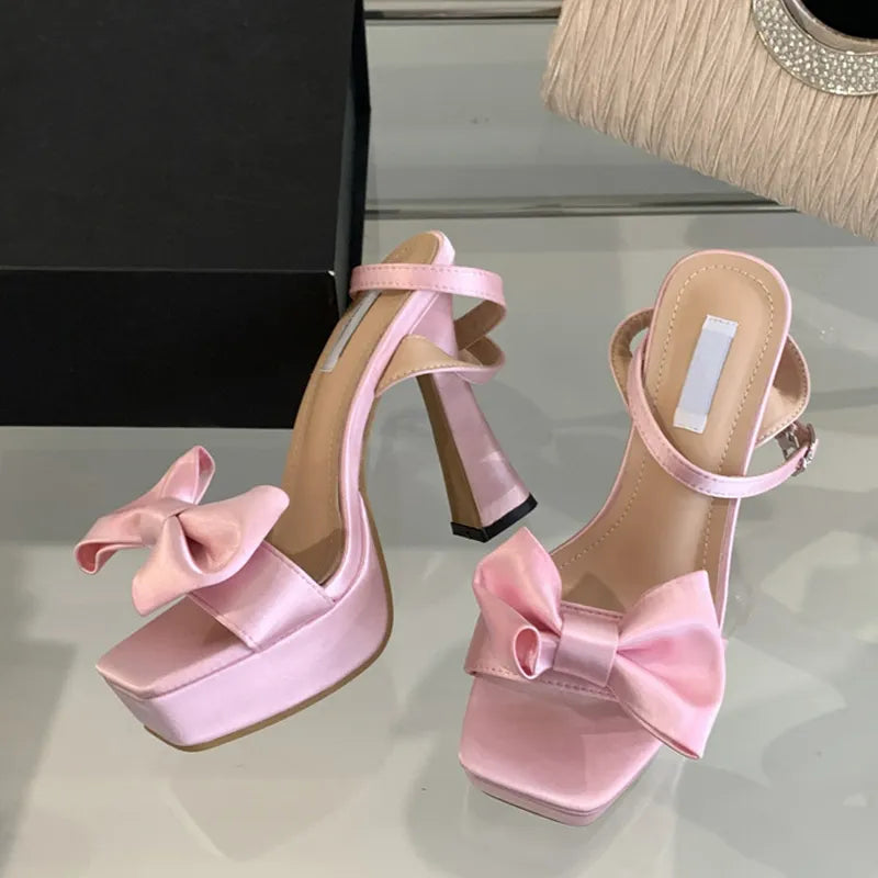 High Heels Silk Bowknot Square Open Toe Chunky Platform Shoes