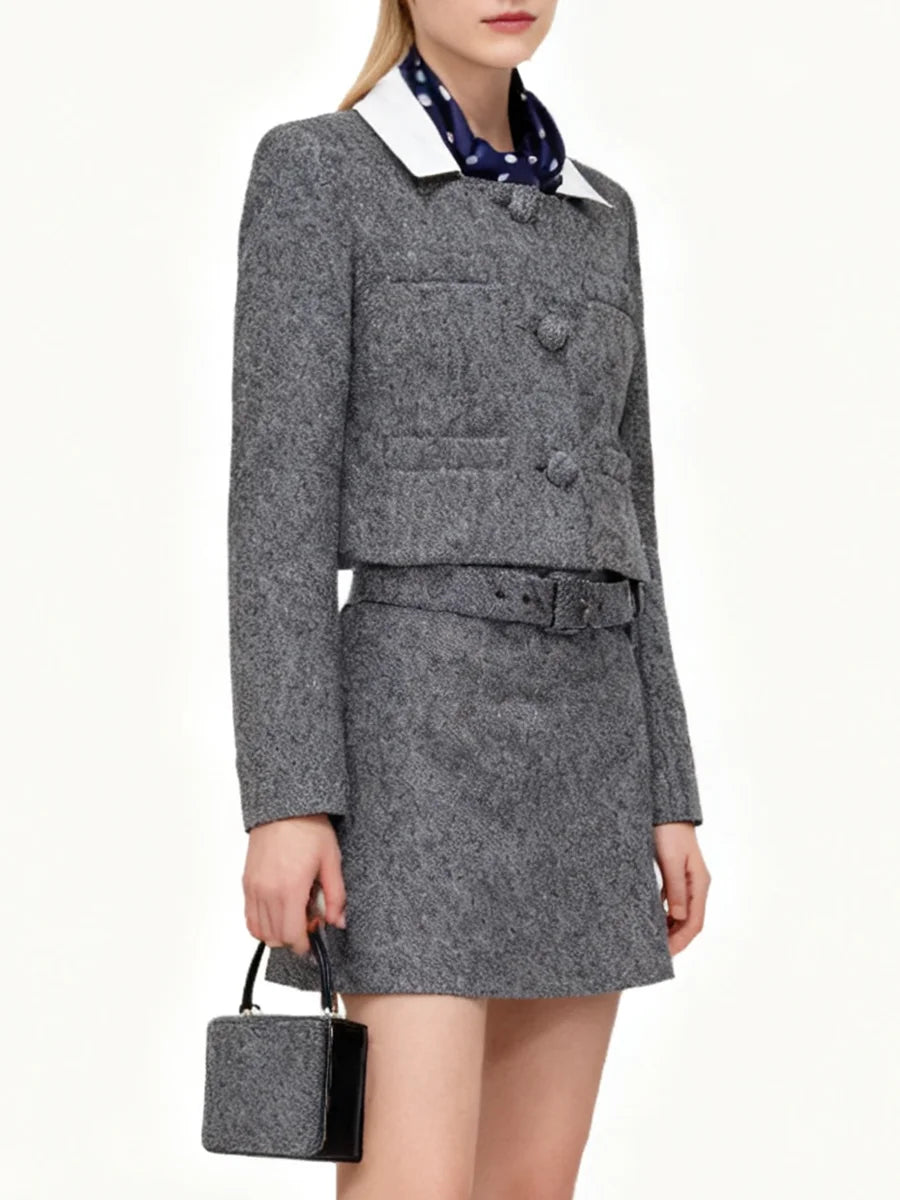 Structured grey two-piece skirt set with long sleeves