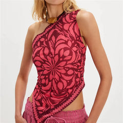 Floral print one shoulder crop top with ruched front.