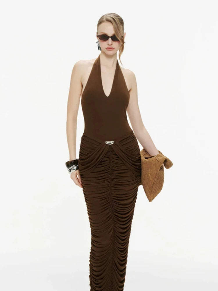 Brown ruched halter neck maxi dress detail