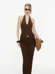 Brown ruched halter neck maxi dress detail