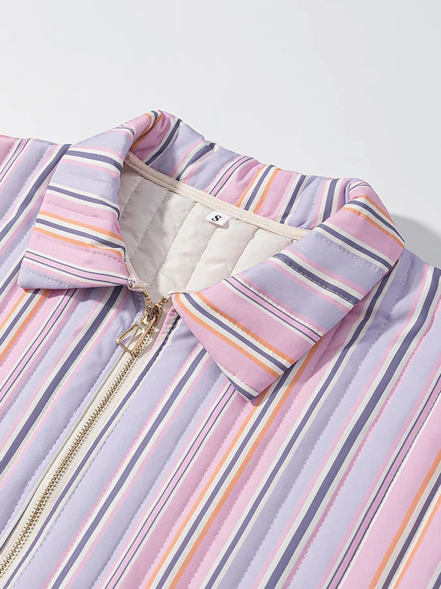 Close-up of a striped jacket with a focus on the collar and chest area.