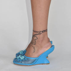 Embellished Mesh Wedge Mule Shoes