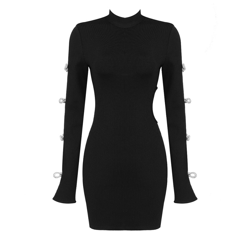 Open Back Tight Long Sleeve Hollow Out Bow Diamond Mini Dress