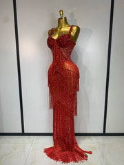 Rhinestone Fringe Bodycon Long Dress