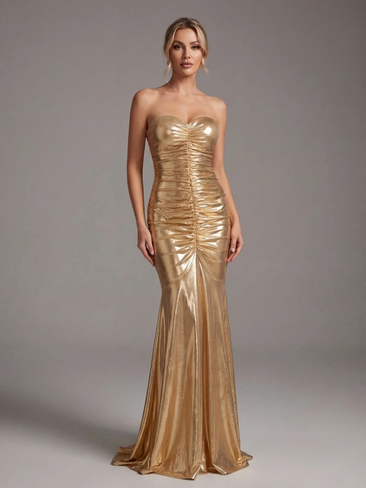 Strapless sweetheart neckline trumpet silhouette ruched metallic floor-length gown