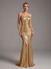 Strapless sweetheart neckline trumpet silhouette ruched metallic floor-length gown