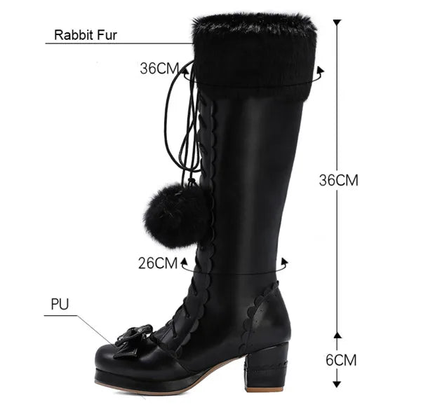 Black knee-high boot with rabbit fur lining, measurements, and material labels on a white background