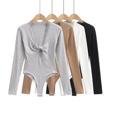 Spliced Lace Bow V neck Jersey Long Sleeve Bodysuit