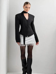 Padded Shoulder V-Neck Blazer With Scarf