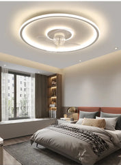 A modern LED ceiling fan with integrated light fixture, illuminating a stylish Dining room. Golden Atelier 12