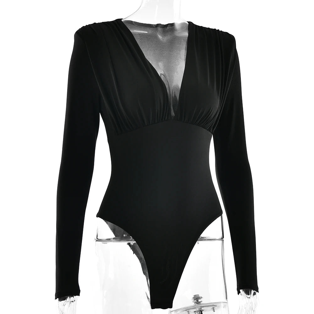 Black bodysuit with long sleeves on a white background