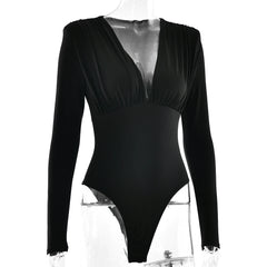 Black bodysuit with long sleeves on a white background