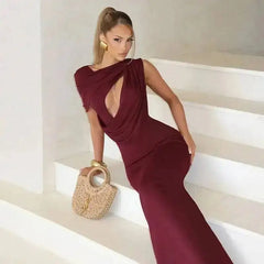Burgundy one-shoulder cutout maxi dress