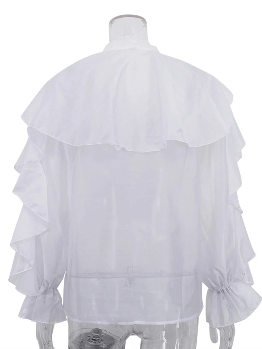 White blouse with ruffled layers on a mannequin against a white background