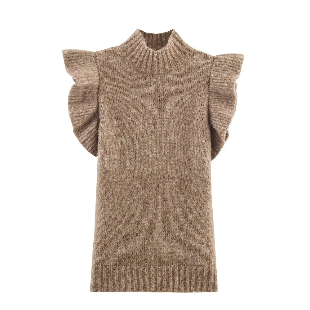 Brown knitted sleeveless dress with ruffled shoulders on a white background